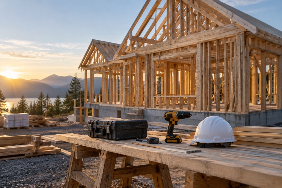 Timber framing and tools ready for a day on site